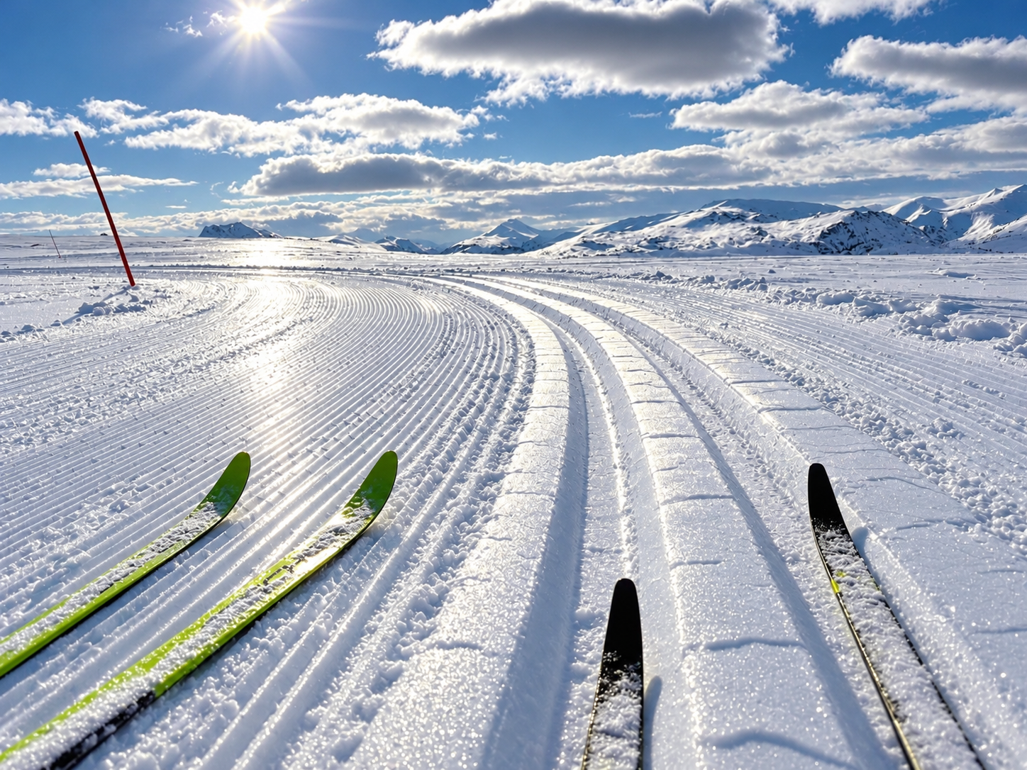 Skil&oslash;pere p&aring; vei innover fjell&oslash;ypa p&aring; Beiarfjellet, med en sn&oslash;dekt fjelltopp bak